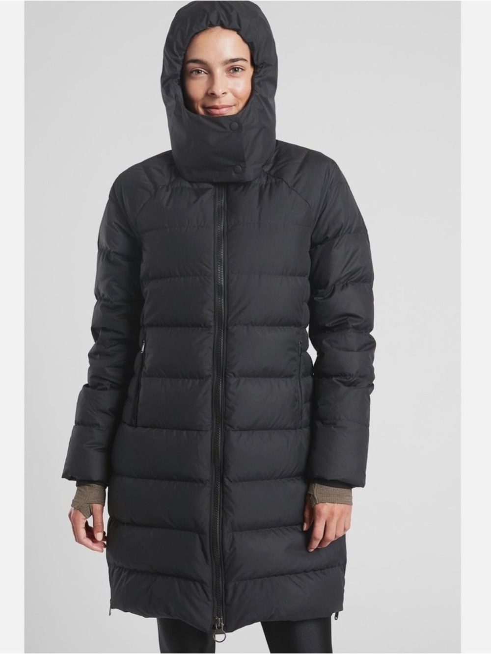 Athleta Downtown Jacket Black Quilted Hooded Parka Down Puffer Coat Size Small